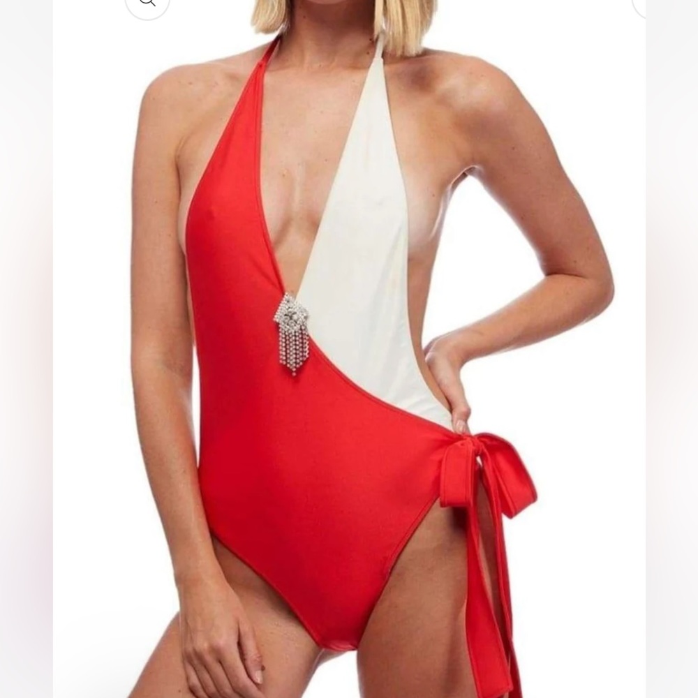 GUCCI Embellished Colorblocked White & Red Swimsuit XS.